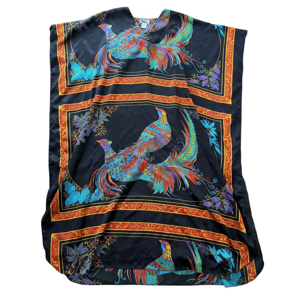 Vintage 80s Winlar Peacock Pheasant Kaftan Silky Graphic Print OS Black Gold